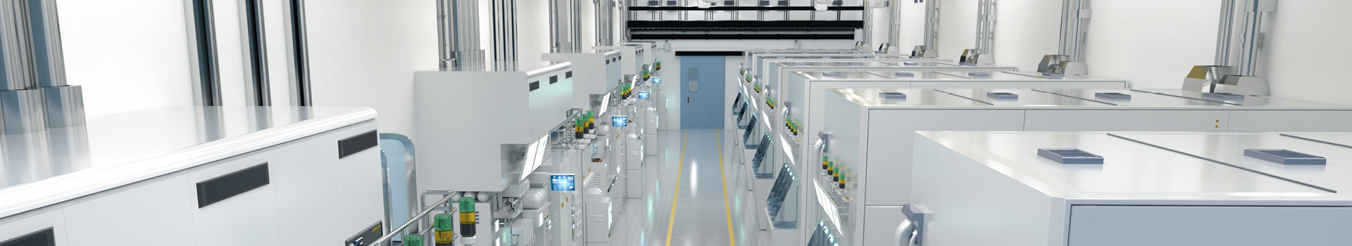 Bright, high-tech cleanroom in an advanced semiconductor fab