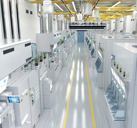 Bright, high-tech cleanroom in an advanced semiconductor fab