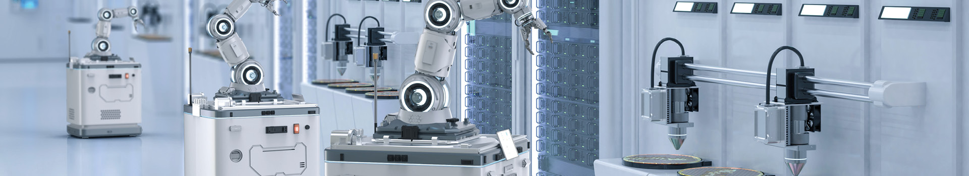 Robotic arms working in modern semiconductor production cleanroom