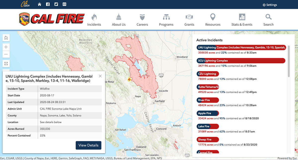 CAL FIRE screen from CA.gov