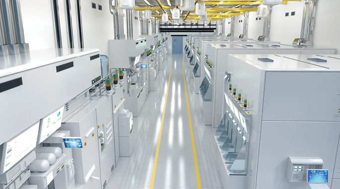 Bright, high-tech cleanroom in an advanced semiconductor fab